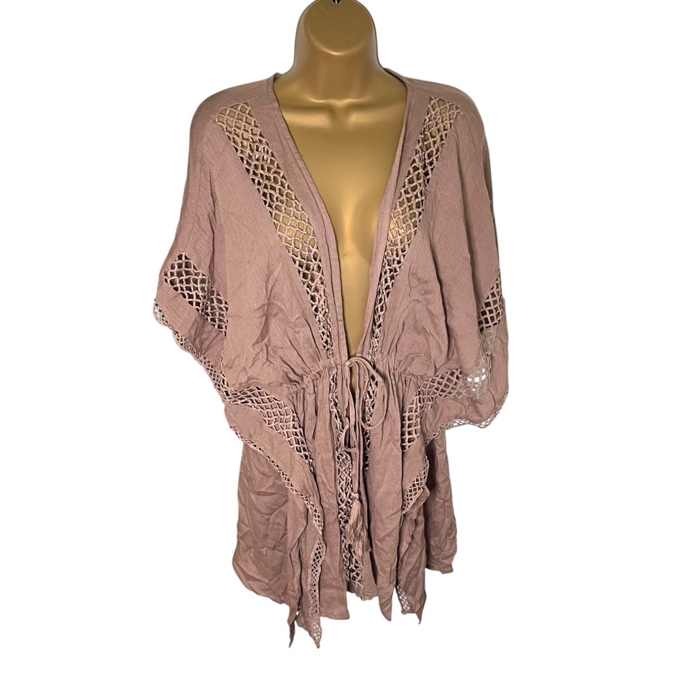 Crescent Crochet Trim Kimono Cardigan Tie Front Light Mocha L